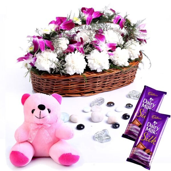 Basket of Orchids and Carnations with Chocolates and Teddy Bear