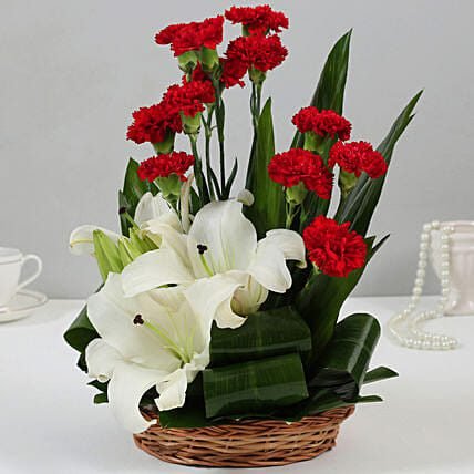 Carnations & Oriental Lilies Cane Basket Arrangement