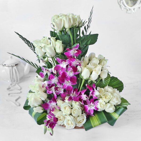 White Roses and Orchids in Cane Basket