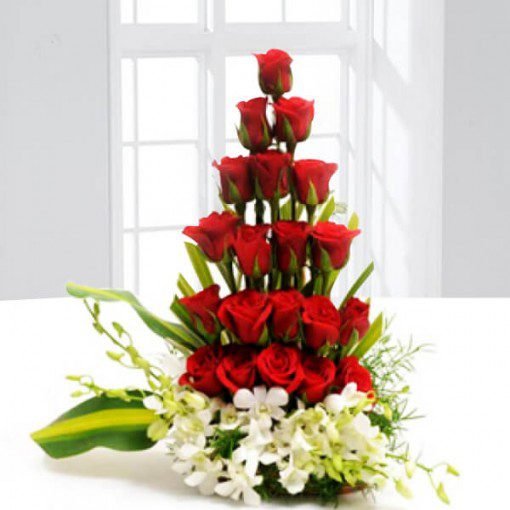 Red Roses and Orchids Arrangement